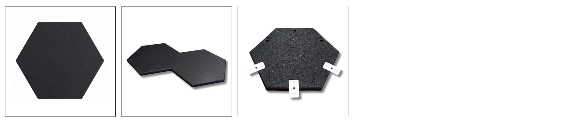 Superstrata Hex tile: top view, interlocking fit, and underside with connectors