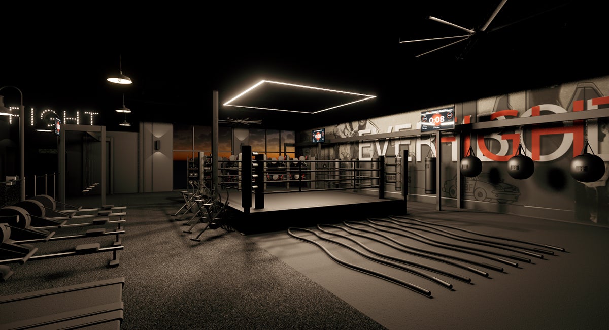 Martial arts boxing gym with ring and training equipment