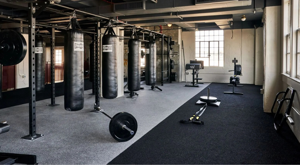 Heavy-duty military gym with rubber flooring