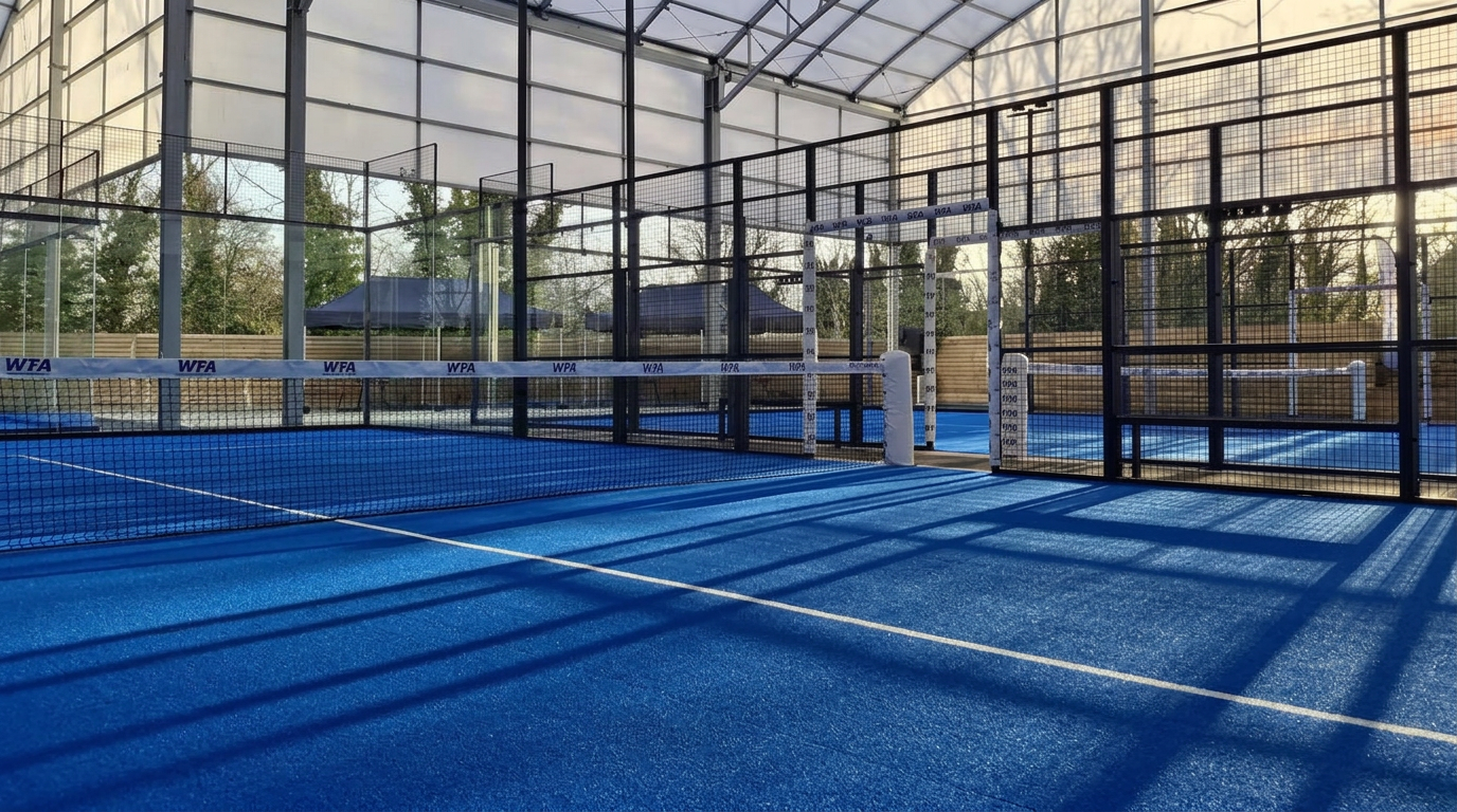 Blue padel court under canopy with glass and mesh enclosure