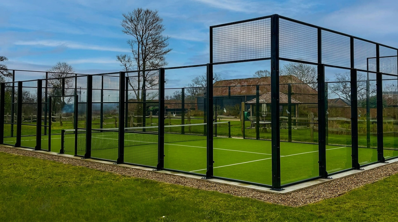 Outdoor padel court with green turf in a rural setting