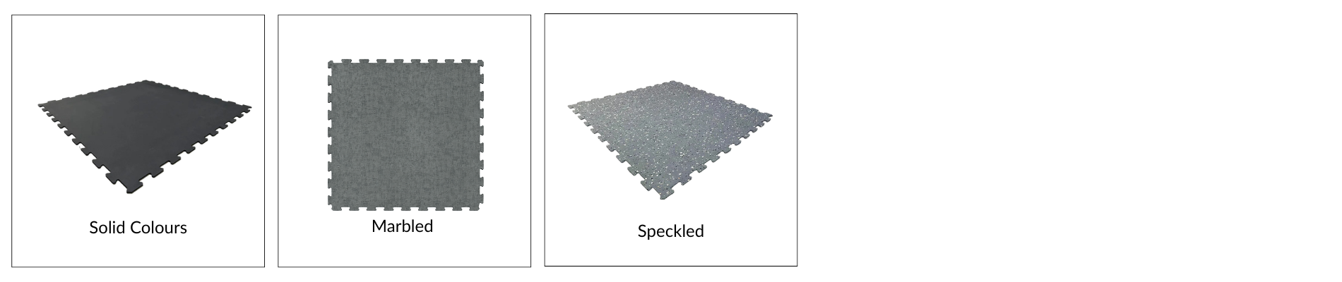 Superstrata Trace finish types: solid, marbled, and speckled interlocking tiles